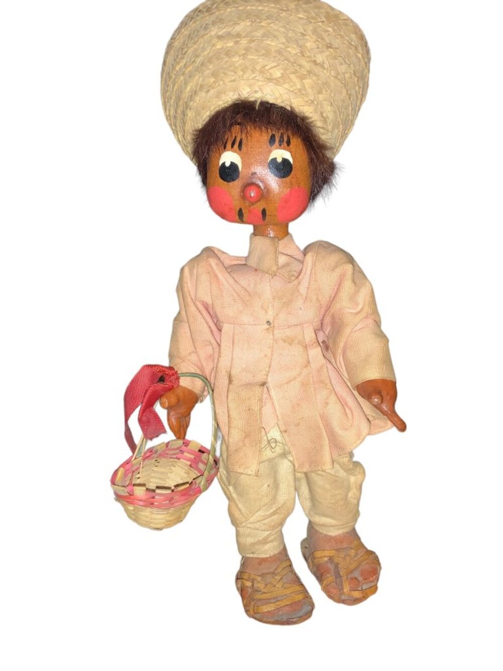 Handcrafted Mexican Doll With Straw Hat and Basket Vintage Rustic Decor